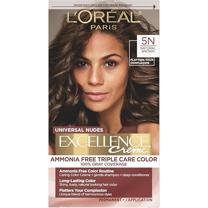 L’Oreal Paris Excellence Universal Nudes Permanent Hair Color, Ammonia Free Hair Dye for Gray Hair Coverage, 5N Natural Brown, 1 Hair Dye Kit