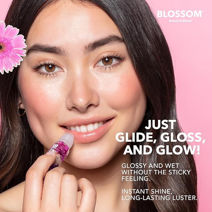Blossom Roll on Lip Gloss, Scented Clear High Shine Moisturizing Lip Oil, Non Sticky, Infused with Real Flowers, Made in USA, 0.2oz, Watermelon