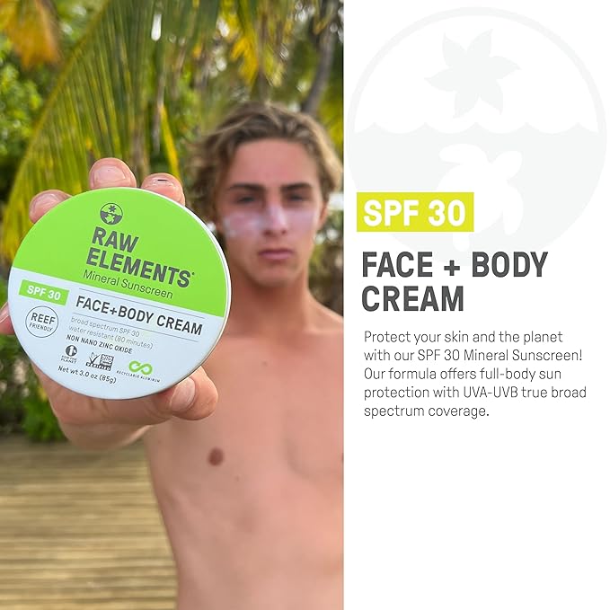 Raw Elements Face and Body Mineral Sunscreen SPF 30 Tin, Organic Sunblock Daily Protection, Non Toxic Reef Safe, Water Resistant, Cruelty Free, Plastic Free, 3 oz (Pack of 2)