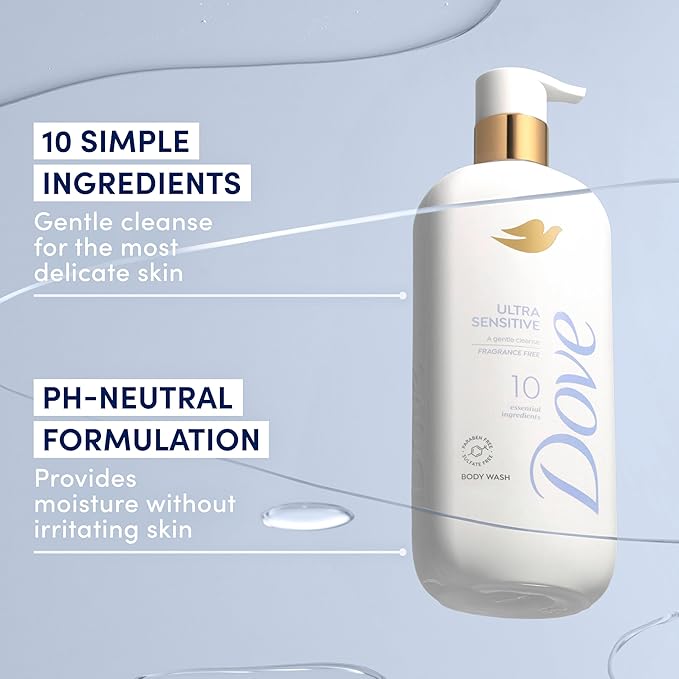 Dove Fragrance Free Body Wash Ultra Sensitive Gentle all-over cleanse 10 essential ingredients 18.5 oz