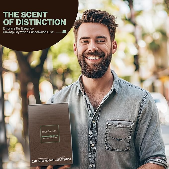 Sandalwood Men's Bath & Body Set - Shower Gel, Body Lotion, Shampoo - Self Care Gifts for Men