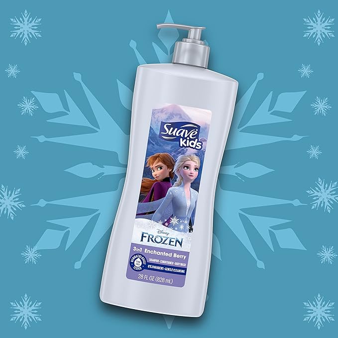 Suave Kids 3 in 1 Enchanted Berry Shampoo, Conditioner, & Body Wash,Dermatologist Tested and Tear-free 28 Oz, (Pack of 4) Packaging may vary