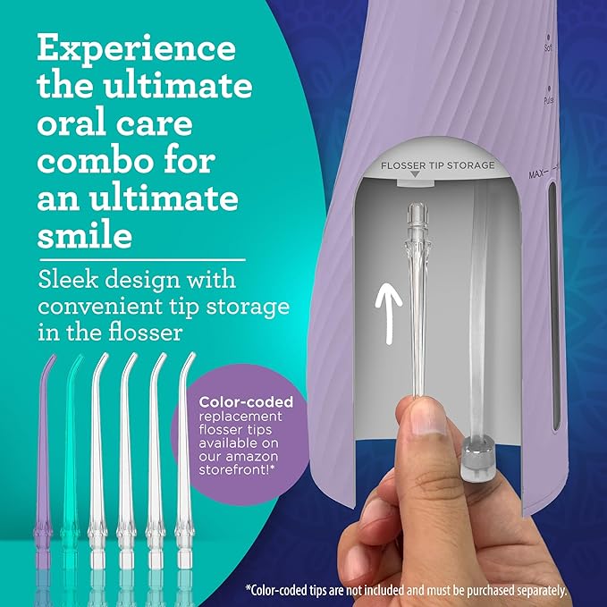 GuruNanda Lion & Lamb Kit 2.0, Electric Toothbrush with Water Flosser Combo, 4 Jet Tips, 4 Brush Heads, & IPX7 Waterproof Design for Complete Oral Care, Lavender