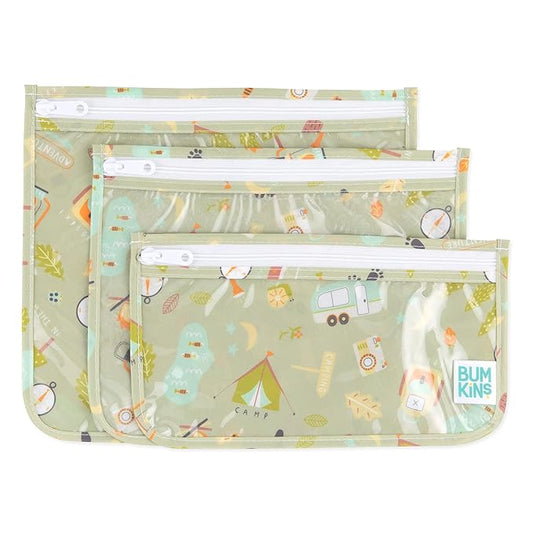 Bumkins Travel Bag, Toiletry, TSA Approved Pouch, Zip Bag, Quart Size Airline Compliant, Clear-Sided, Baby, Diaper Bag Organization, Makeup, Accessories, Packing, Set of 3 Sizes, Camp Gear Green