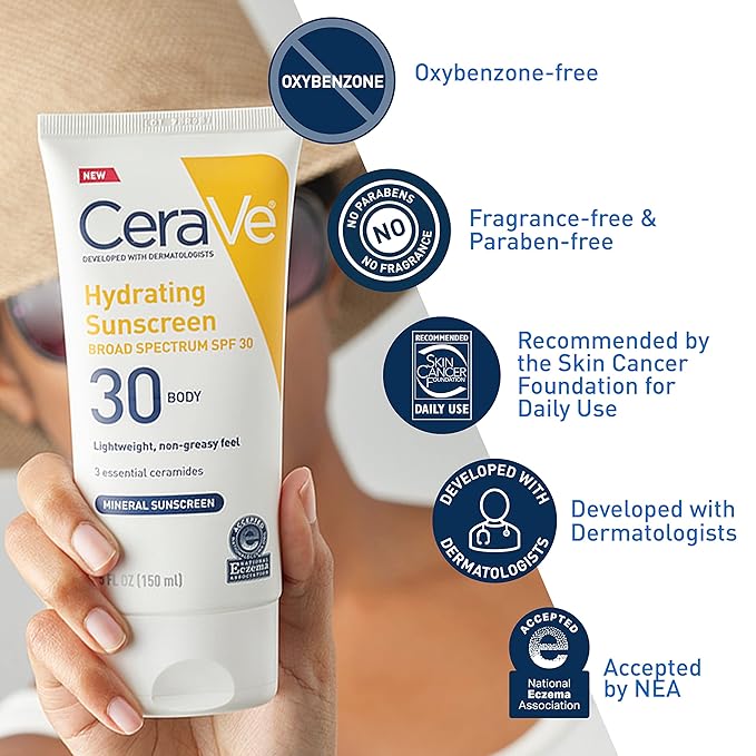 CeraVe 100% Mineral Sunscreen SPF 30 | Body Sunscreen with Zinc Oxide & Titanium Dioxide | Hyaluronic Acid & Ceramides | Oil Free | Non-Greasy | Hydrating Mineral Sunscreen For Body | 5 oz