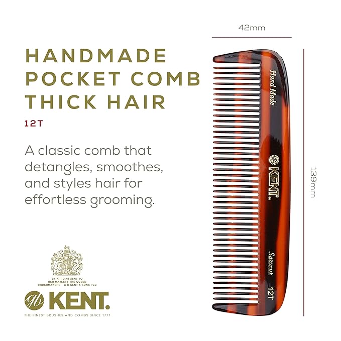 Kent 12T Wide Tooth Detangling Comb - 5.5" Handmade Pocket Comb for Thick, Curly, and Wavy Hair, Large Tooth Grooming for Hair, Beard, and Mustache - Saw-Cut and Hand Polished