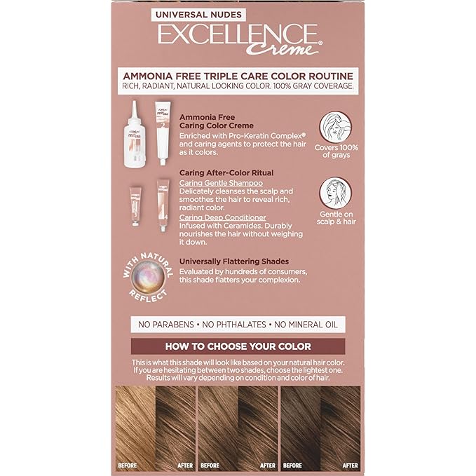 L’Oreal Paris Excellence Universal Nudes Permanent Hair Color, Ammonia Free Hair Dye for Gray Hair Coverage, 6N Natural Light Brown, 1 Hair Dye Kit