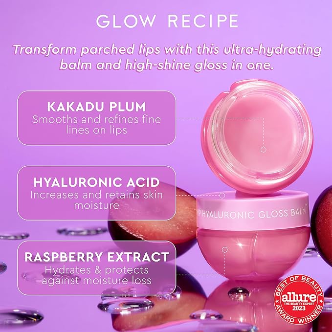 Glow Recipe Hyaluronic Acid Plumping Lip Balm for Women & Men - Clear, Hydrating High-Shine Gloss + Overnight Dry Lips Treatment for a Smooth, Fuller Look - Makeup Prep, Korean Skin Care, 15ml