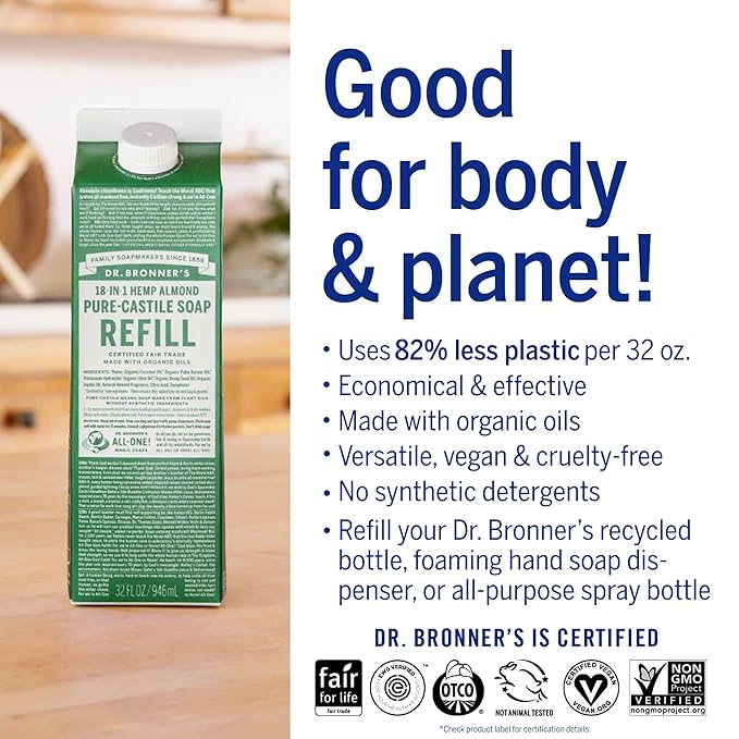 Dr. Bronner's - Pure-Castile Liquid Soap Bottle & Refill Carton Made with 82% Less Plastic (Almond, 32 oz) - Face, Body, Hair, Laundry, Dishes & More, Super-Concentrated, Organic, Vegan, Non-GMO