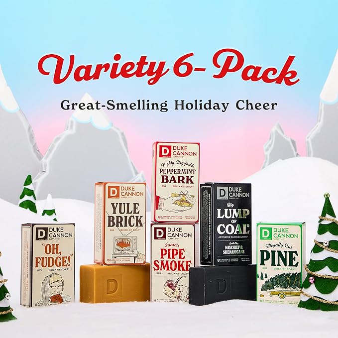 Duke Cannon Supply Co. Big Brick of Soap Bar Holiday Soap Gift Set - Lump of Coal, Illegally Cut Pine, OH Fudge, Santa's Pipe Smoke, Peppermint Bark & Yule Brick, 10 oz. (6 Pack)