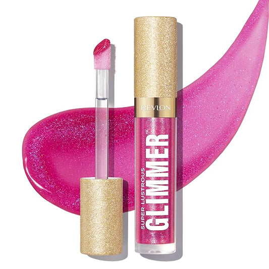 REVLON Super Lustrous Glimmer Gloss, Non-Sticky Lip Gloss, High-Shine Finish, Plant-Based Glitter, 009 Razz Beamy, 0.13 fl oz