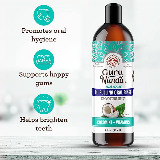 GuruNanda CocoMint Oil Pulling Mouthwash for Complete Oral Hygiene, 7 Essential Oils & Vitamins for Happy Teeth & Gums & Fresh Breath, Alcohol-Free, 16 oz