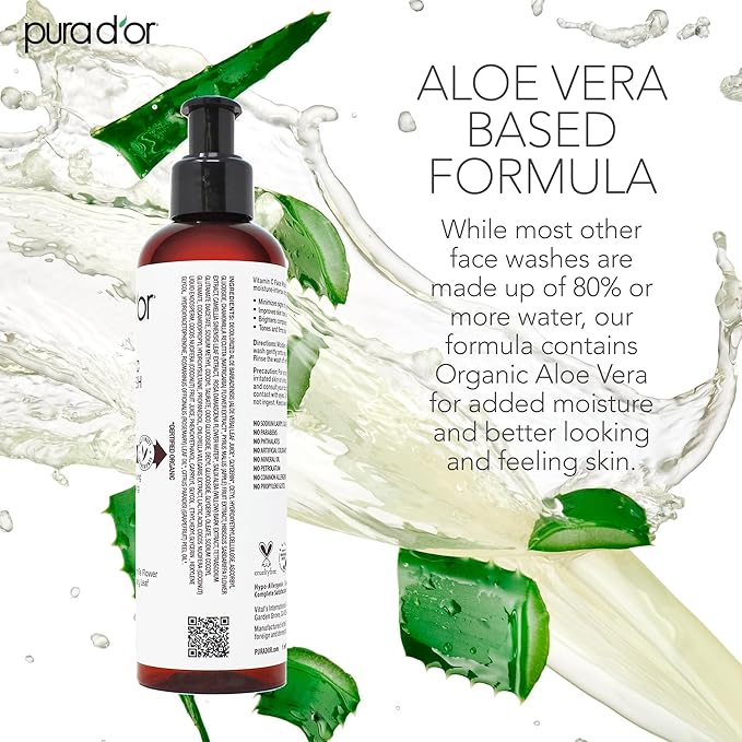 PURA D'OR 8 Oz Vitamin C Face Wash - Antioxidant Rich Facial Cleanser For Radiant Glow & Even Skin Tone - Gentle, Refreshing, Nurturing, Hydrating - Sulfate & Paraben Free - All Skin Types