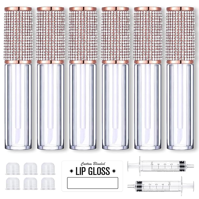 AMORIX 6pcs Lip Gloss Tubes with Wand 5ml Empty Rhinestone Lip Gloss Containers Lipgloss Bottles Crystal Lipgloss Supplies Kit with Syringe