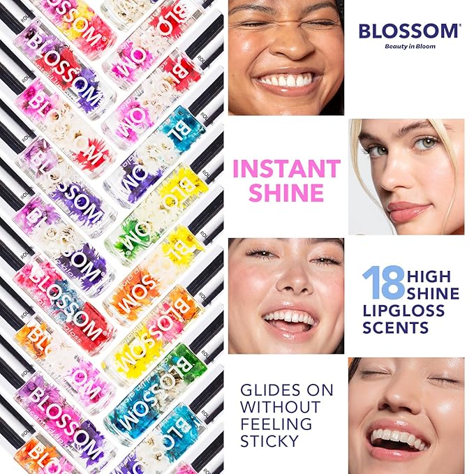 Blossom Roll on Lip Gloss, Scented Clear High Shine Moisturizing Lip Oil, Non Sticky, Infused with Real Flowers, Made in USA, 0.2oz, Raspberry