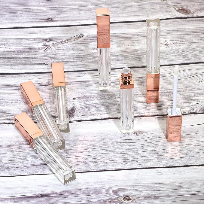 Mini Skater 6pcs 5ML Clear Empty Lip Gloss Tubes With Wand Reusable Refillable Travel Dispenser Bottle Vial With Rubber Stopper Cosmetic Container For Lipstick Balm Lip Glaze DIY Making (Rose Gold)