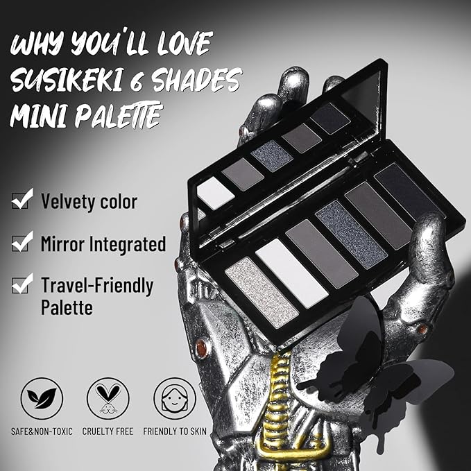 Black Eyeshadow Palette with Mirror Silver Gray Black Tones Matte Shimmer Smokey 6 Colors Mini Eye Shadow Pallet Travel Size Highly Pigmented for Vampire Clown Joker Goth Halloween Makeup