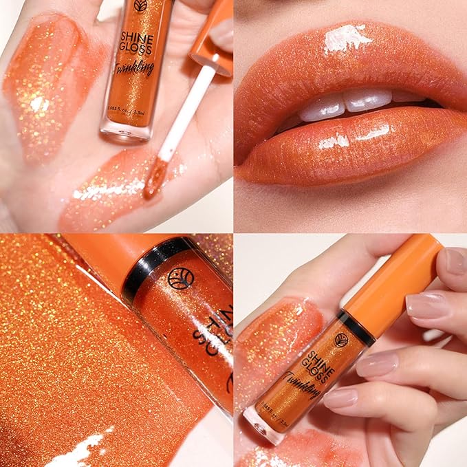 Lip Gloss Women Girls Plumping Lip Gloss Glitter Tinted Lip gloss Oil Plumper Hydrating Long Lasting Moisturizing Non Sticky Makeup ip gloss (06# Coral Shimmer)