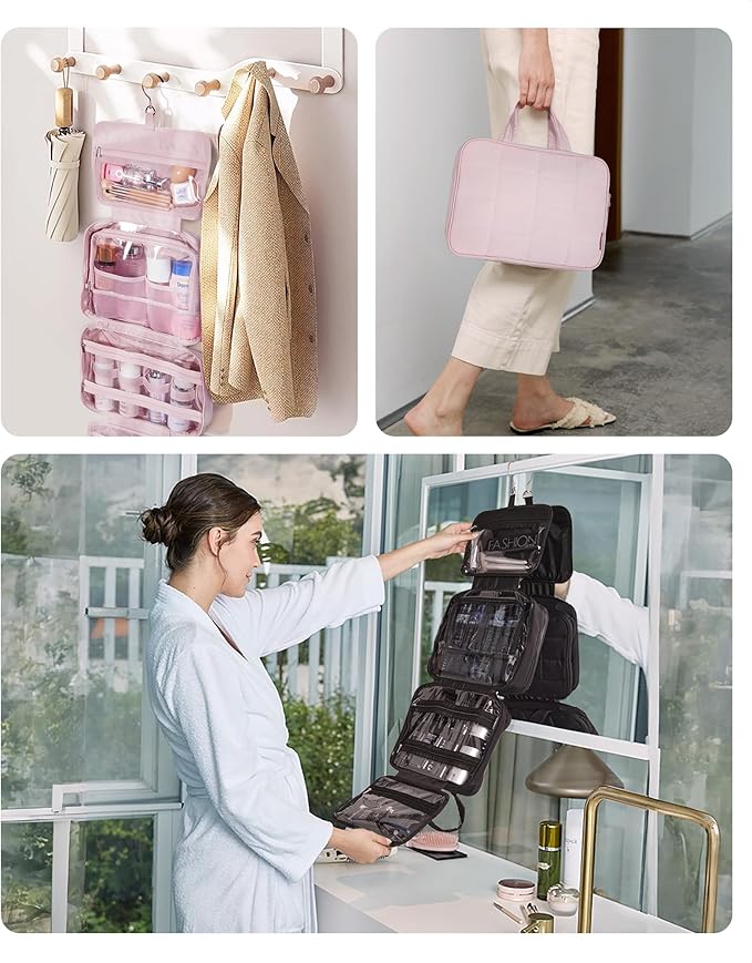 BAGSMART Travel Toiletry Bag with Jewelry Organizer, Hanging Travel Bag for Toiletries, Puffy Makeup Cosmetic Bag Organizer, Carry-on Travel Accessories Essentials, Light Blue-L