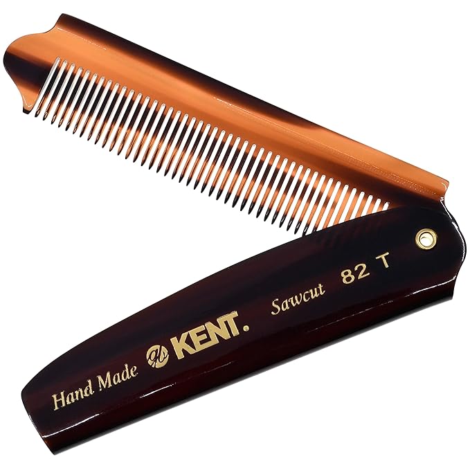 Kent 82T 4" Handmade Folding Pocket Comb for Men, Fine Tooth Hair Comb Straightener for Everyday Grooming Styling Hair, Beard or Mustache, Use Dry or with Balms, Saw Cut Hand Polished, Made in England