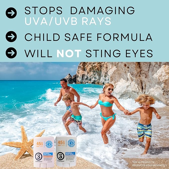 Surface Mineral Face Sunscreen Stick, Water Resistant, UVA/UVB Broad Spectrum, Fast Drying Protection, PABA Free - SPF 45 - CLEAR/WHITE (1 Pack)