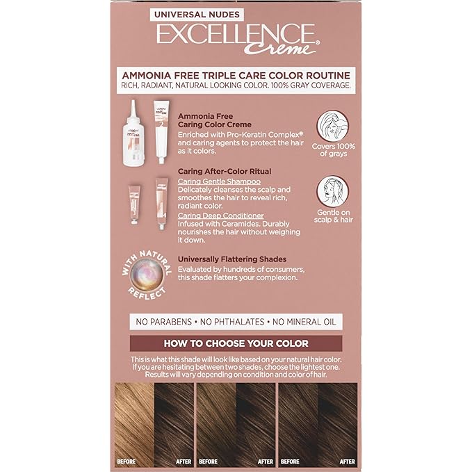 L’Oreal Paris Excellence Universal Nudes Permanent Hair Color, Ammonia Free Hair Dye for Gray Hair Coverage, 5N Natural Brown, 1 Hair Dye Kit