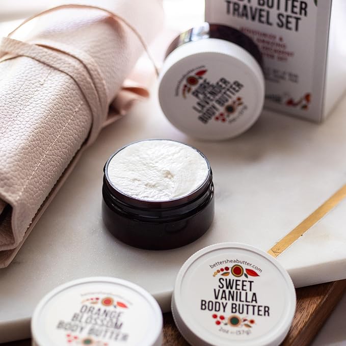 Travel Size Body Butter Set w/Orange Blossom, Lavender & Sweet Vanilla Body Creams - TSA Approved Travel Size Products, Mini Purse Essentials Items Women - Travel Lotion 3x2oz Jars