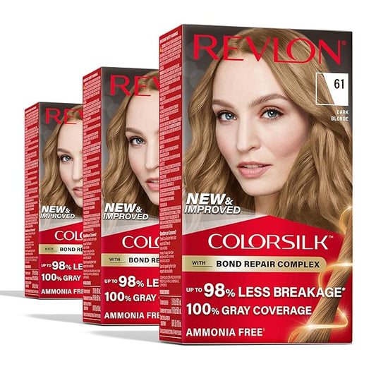 Revlon ColorSilk with Bond Repair Complex, Blonde Permanent Hair Color, 100% Gray Coverage, Ammonia Free Hair Dye, Vegan Keratin, 61 Dark Blonde (Pack of 3)