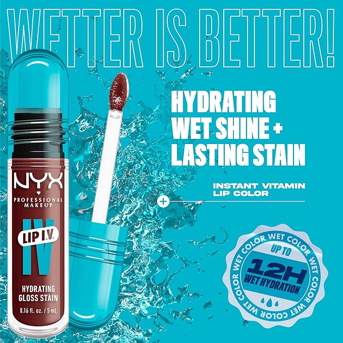 NYX PROFESSIONAL MAKEUP Lip IV Hydrating Glossy Lip Stain with 12HR Hydration - Mocha Me Wet (Brown)