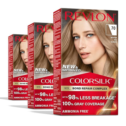 Revlon ColorSilk with Bond Repair Complex, Blonde Permanent Hair Color, 100% Gray Coverage, Ammonia Free Hair Dye, Vegan Keratin, 70 Medium Ash Blonde (Pack of 3)
