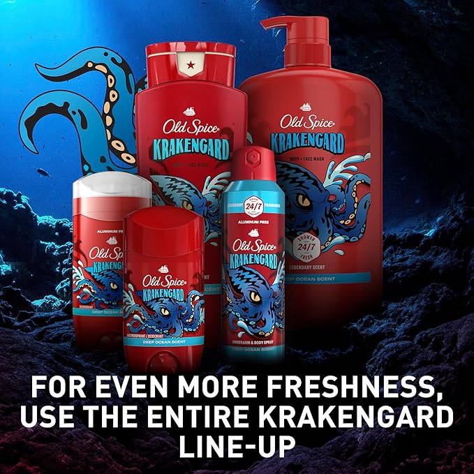 Old Spice Cleansing Body Wash for Men, 3X Defense, 24/7 Shower Fresh with Lasting Scent, 2-in-1 Body & Face Wash, Krakengard with Deep Ocean Scent, 24 oz (Pack of 4)