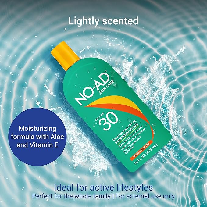 NO-AD SPF 30 Sunscreen Lotion | Broad Spectrum UVA/UVB Protection Water Resistant | Octinoxate & Oxybenzone Free with moisturizing Vitamin E and Aloe 16oz