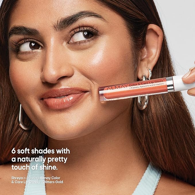 Almay Color & Care Hydrating Lip Gloss, Soft Natural Hues, Prebiotic Complex, Hyaluronic Filling-Sphere Technology, 300 Glitters Gold, 0.1 Fl Oz