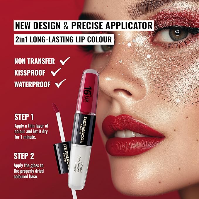 Dermacol NEW 16-Hour Lip Colour, Highly Pigmented Glossy Lip Stain, Two-Phase Lip Plumper Gloss, Kissproof Lip Makeup Products with Matte and Glitter Finish,n.3