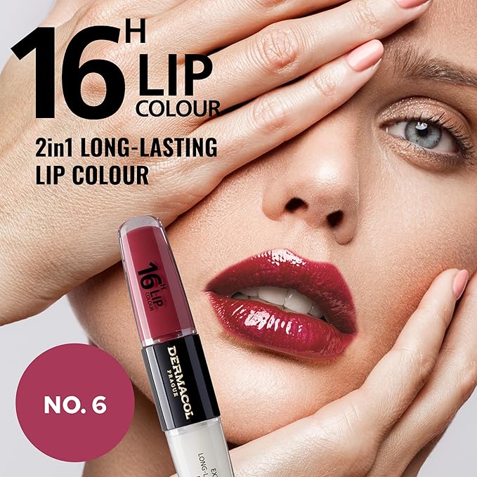 Dermacol NEW 16-Hour Lip Colour, Highly Pigmented Glossy Lip Stain, Two-Phase Lip Plumper Gloss, Kissproof Lip Makeup Products with Matte and Glitter Finish, n.6