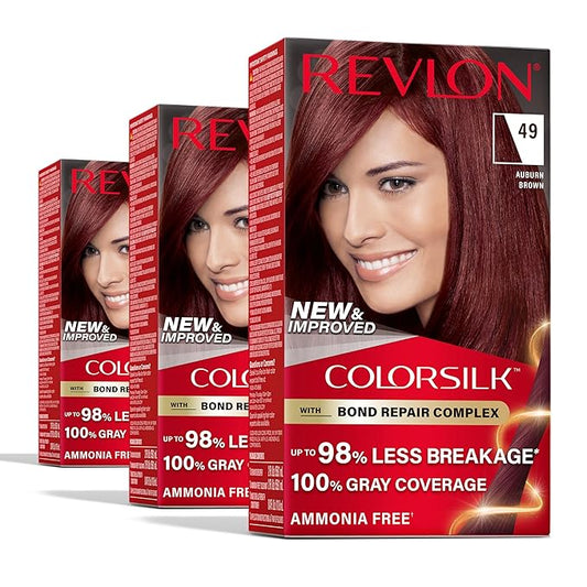 Revlon ColorSilk with Bond Repair Complex, Auburn Permanent Hair Color, 100% Gray Coverage, Ammonia Free Hair Dye, Vegan Keratin, 49 Auburn Brown (Pack of 3)