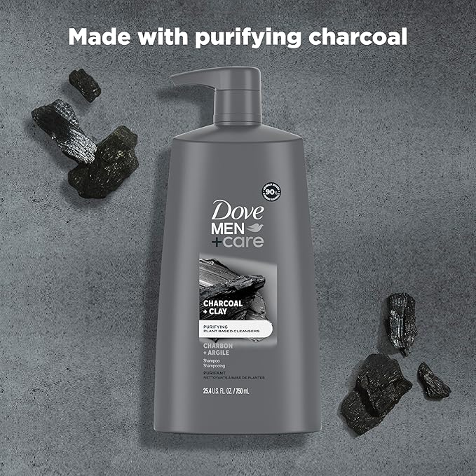 DOVE MEN + CARE Shampoo Charcoal + Clay 3 Count For Healthy-Looking Hair Naturally Derived Plant Based Cleansers 25.4 oz