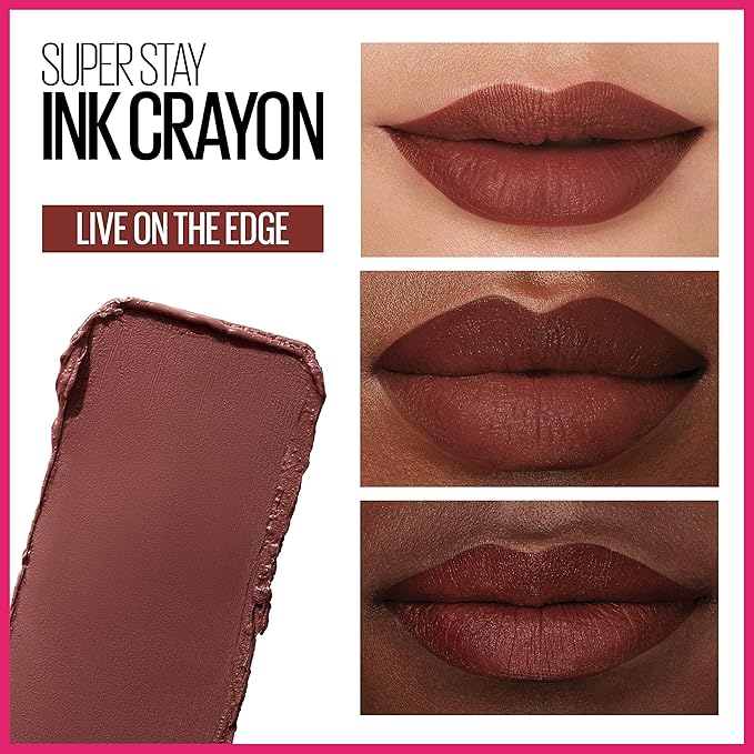 Maybelline Super Stay Ink Crayon Lipstick Makeup, Precision Tip Matte Lip Crayon with Built-in Sharpener, Longwear Up To 8Hrs, Live On The Edge, Purple Brown, 1 Count