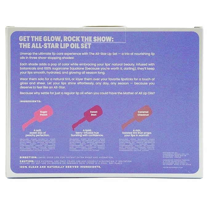 Handmade Heroes 100% Natural Vegan Lip Oil with Squalane Non-Sticky Lip Gloss Moisturizing, Shiny, Nourishing Korean Lip Gloss - Pack of 3