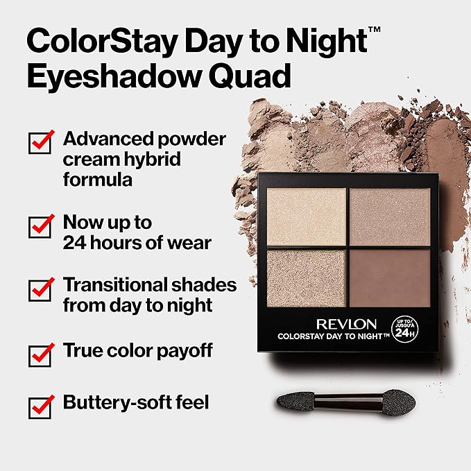 REVLON ColorStay Day to Night Eyeshadow Quad, Longwear Shadow Palette with Transitional Shades and Buttery Soft Feel, Crease & Smudge Proof, 580 Gorgeous, 0.16 oz