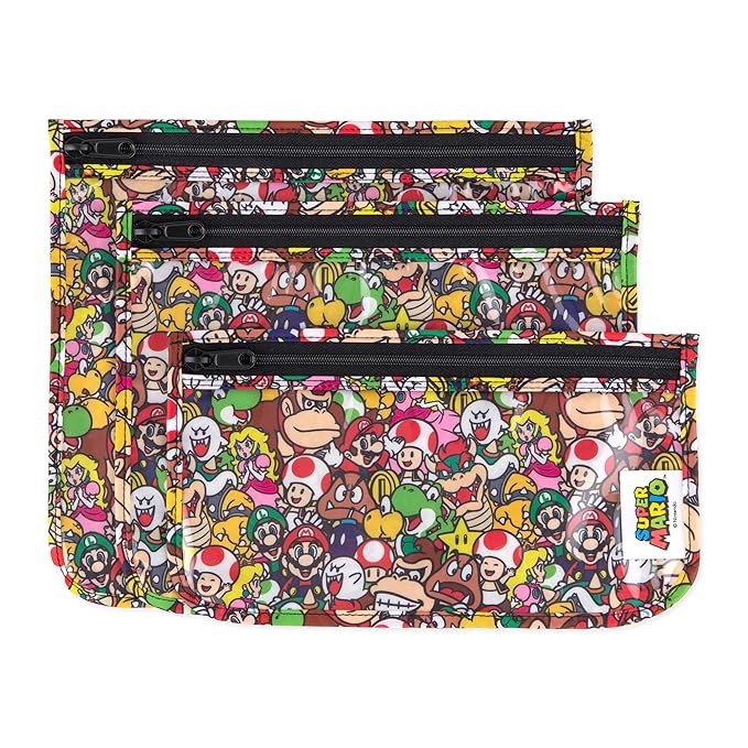 Bumkins Travel Bag, Toiletry, TSA Approved Pouch, Zip Bag, Quart Size Airline Compliant, Clear-Sided, Baby, Diaper Bag Organization, Makeup, Accessories, Packing, Set of 3 Sizes, Nintendo Super Mario