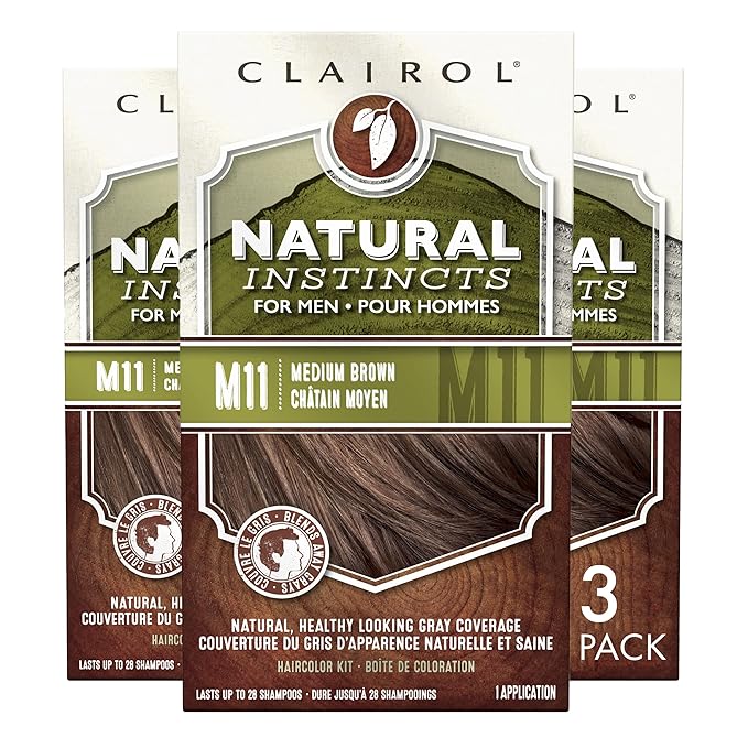 Clairol Natural Instincts Semi-Permanent Hair Dye for Men, M11 Medium Brown Hair Color, Pack of 3