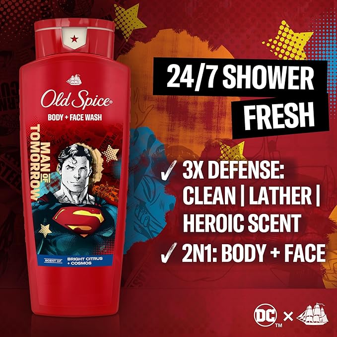 Old Spice Cleansing Body Wash for Men, 3X Defense, 24/7 Shower Fresh with Lasting Scent, 2-in-1 Body & Face Wash, Smell Like a Hero, Superman, Bright Citrus and Cosmos Scent, 24 oz