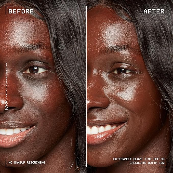 NYX PROFESSIONAL MAKEUP Buttermelt Glaze Soft Glow Skin Tint + SPF 30, Up To 12HR Wear, 10 Chocolate Butta