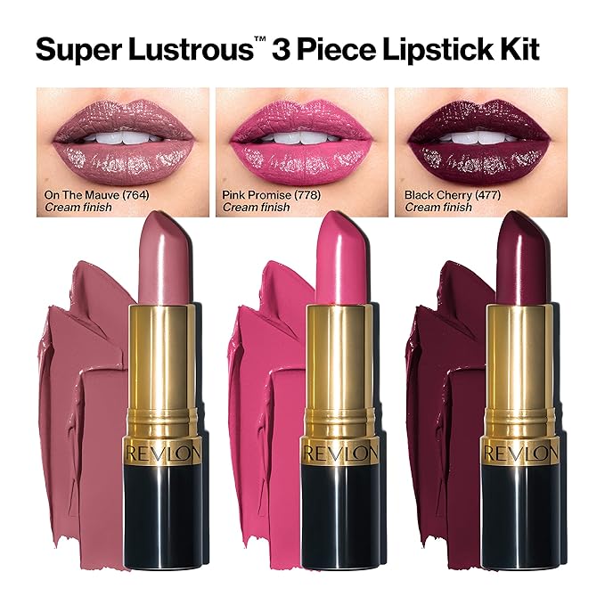 Revlon Super Lustrous 3-Piece Lipstick Gift Set, High Impact, Moisturizing, Cream Finish, 764 On The Mauve, 778 Pink Promise, 477 Black Cherry, 0.45 Oz