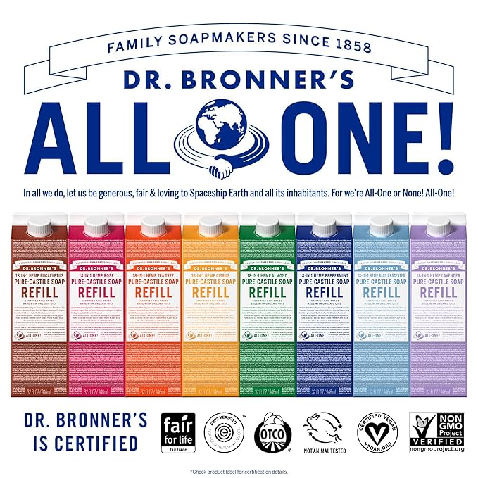 Dr. Bronner's Pure-Castile Magic Soap Liquid, Citrus, Made with Organic Oils for Body, Face, Hair, Dishes, Laundry Vegan, Natural, Non-GMO, Biodegradable, 18-in-1 Multi-Use - Citrus, 32oz + Refill