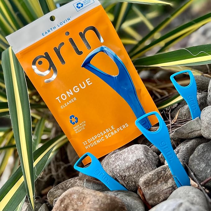 GRIN Tongue Cleaner, 32 Count, Disposable Tongue Cleaner, Hygienic Scraper, Recycled Plastic, Clean Tongue, Promote Fresh Breath, Includes Safe Fold- Back Tooth Pick