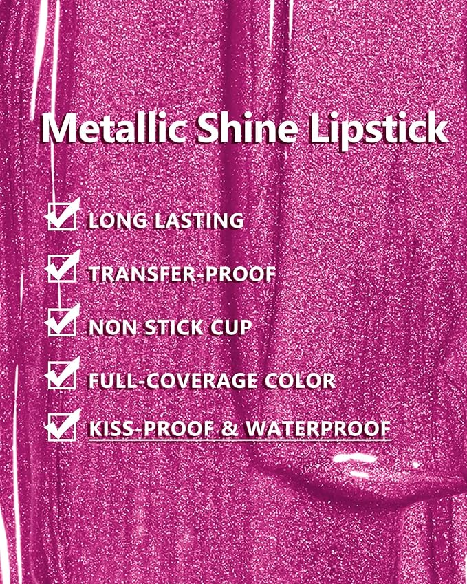MAKI YIKA Hot Pink Lipstick for Women Metallic Lipsticks Glitter Long Lasting Lipstick No Smudge No Transfer Liquid Lip Gloss (BR19 Unheated)