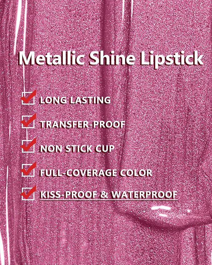 MAKI YIKA 3Pc Metallic Lipstick for Women, Red Pink Brown Glitter, Long Lasting, Full-Coverage Liquid Lip Gloss