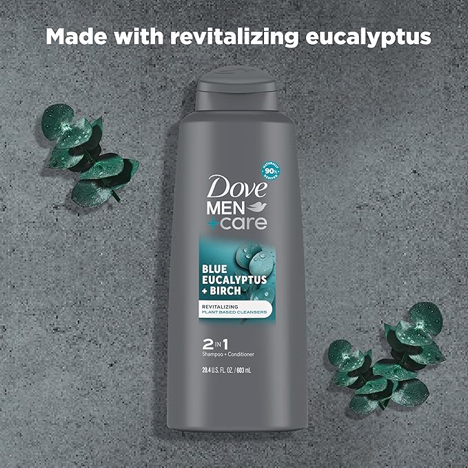 DOVE MEN + CARE 2 in 1 Shampoo Conditioner Eucalyptus + Birch 3 Count For Healthy-Looking Hair Naturally Derived Plant Based Cleansers 20.4 oz